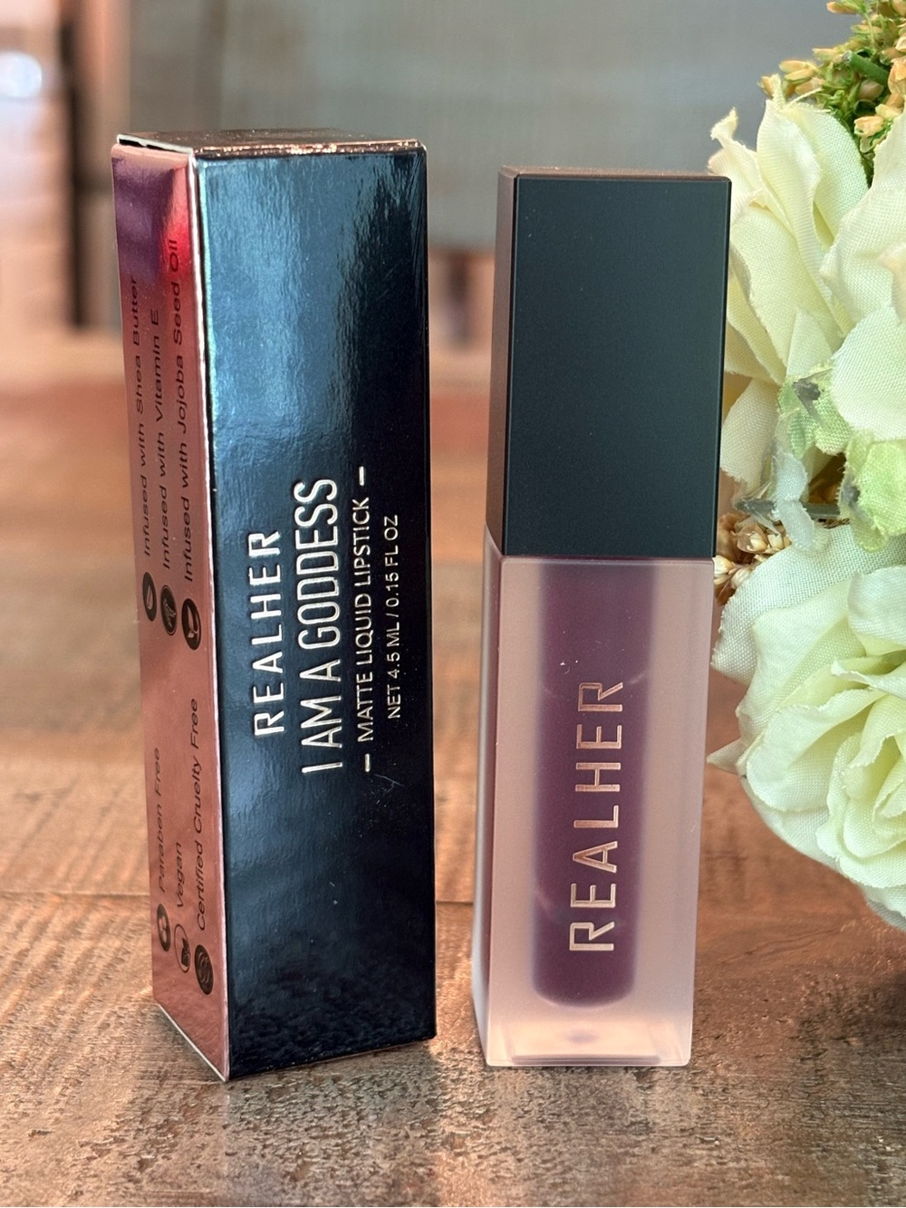New REALHER Matte LIQUID LIPSTICK in I AM A GODDESS {Dark Plum}